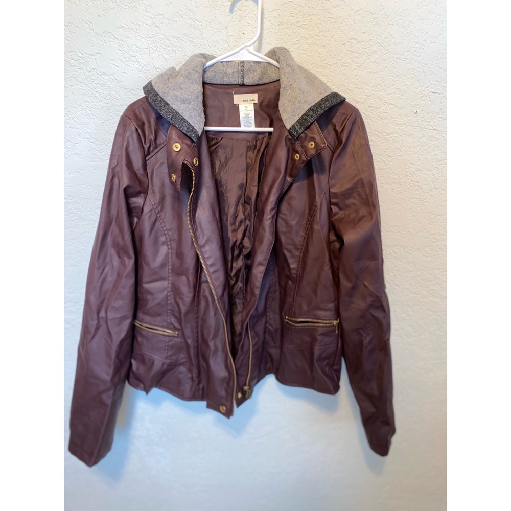 Wet Seal Brown Faux Leather Jacket with Hood size XL